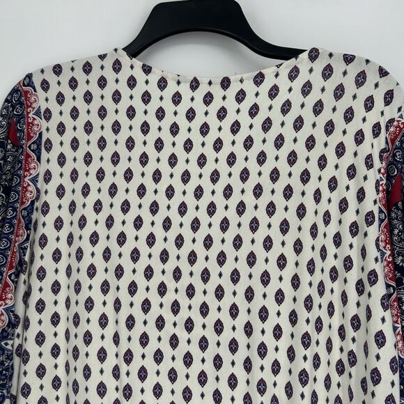 One World Boho Top Cream Blue Short Flutter Sleeve Mixed Pattern Split Neck Sz L - Picture 6 of 9